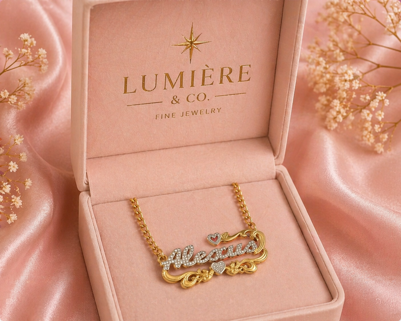 Gold necklace in a 'Lumére & Co.' jewelry box with pink satin background